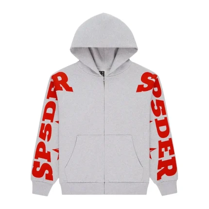 Sp5der Logo Sleeve Zip Hoodie Grey Red